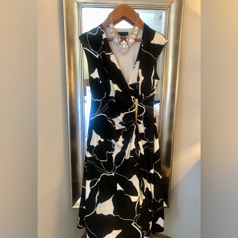 Donna Karan Black and White Floral Wrap Midi Dress
